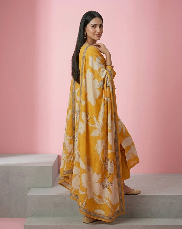 Mustard White Bold Floral V-Neck Straight Kurta Set