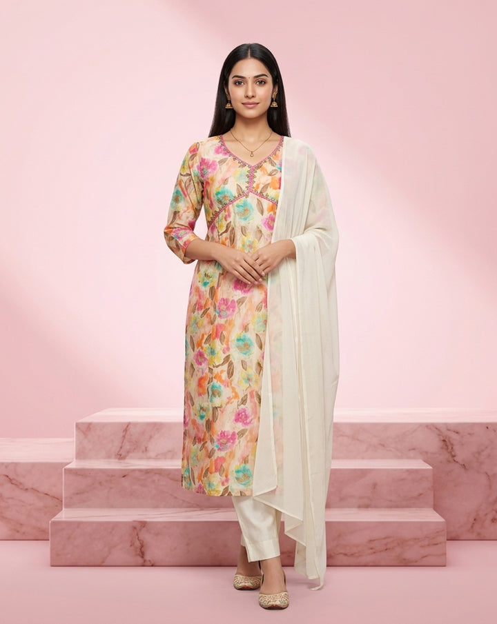 Multicolor Floral "Blossom" Print Chanderi Kurta Set with Off-White Dupatta