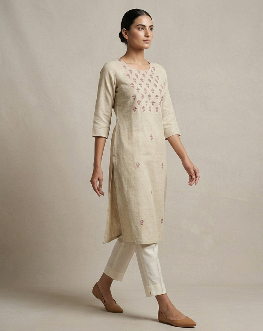 Beige Slub Cotton Embroidered Straight Kurti