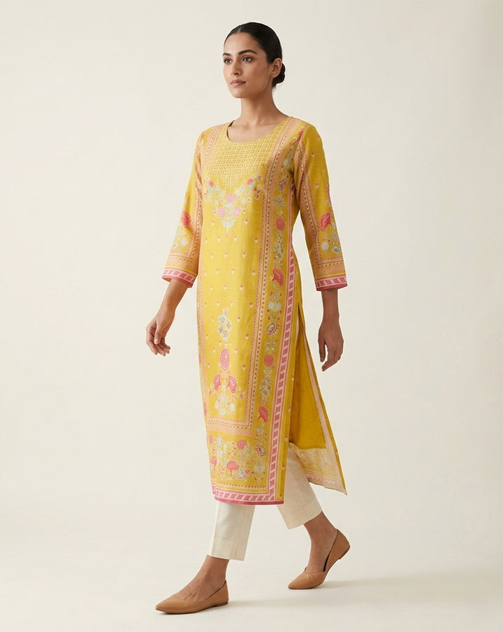Yellow "Radiant" Floral Print Cotton Straight Kurta