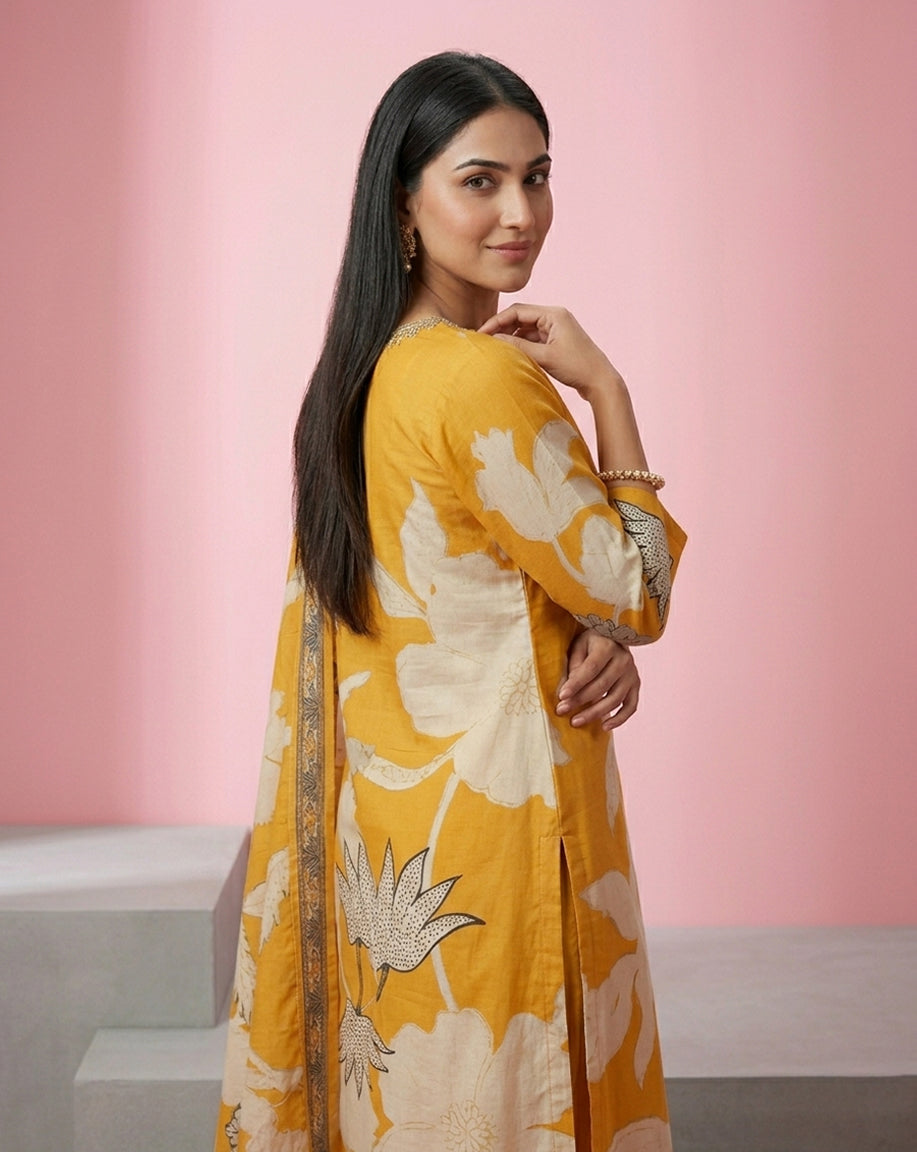 Mustard White Bold Floral V-Neck Straight Kurta Set