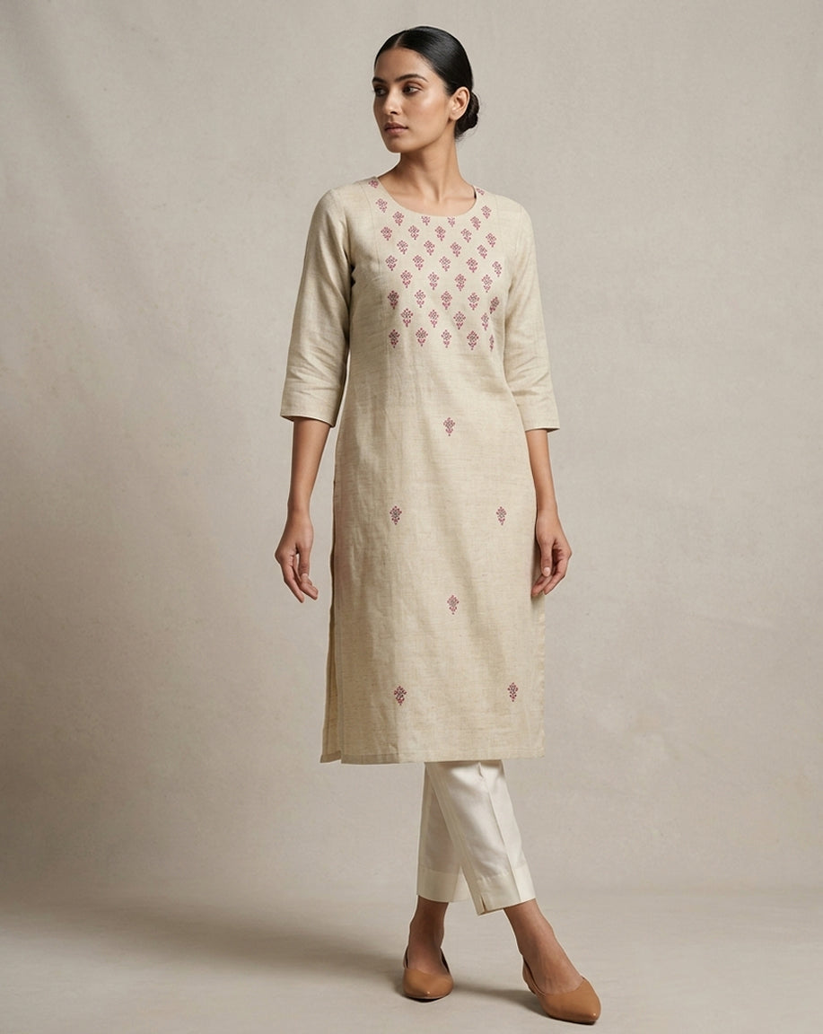 Beige Slub Cotton Embroidered Straight Kurti