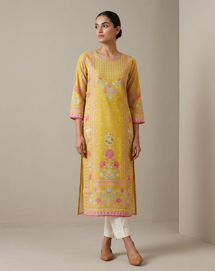 Yellow "Radiant" Floral Print Cotton Straight Kurta