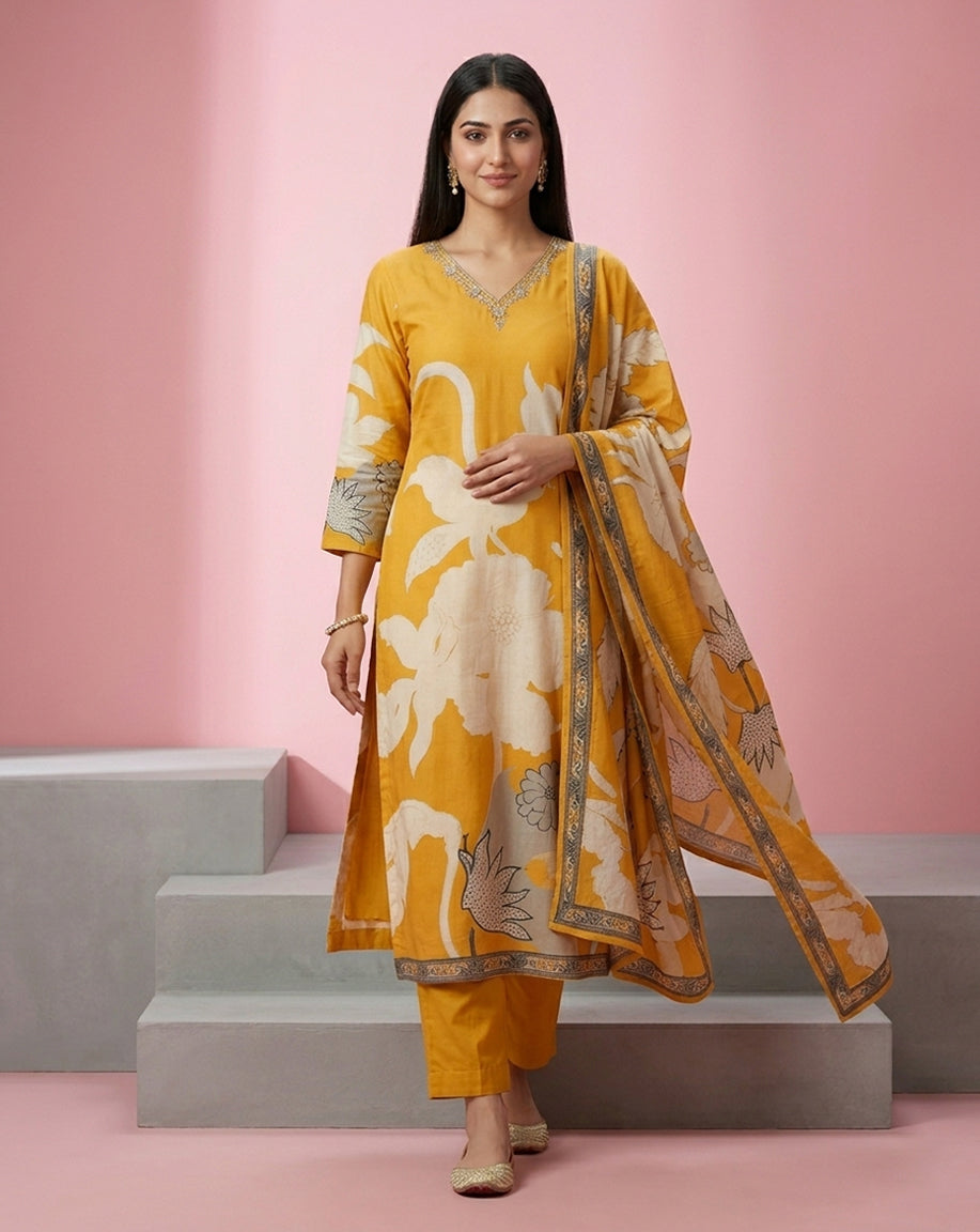 Mustard White Bold Floral V-Neck Straight Kurta Set