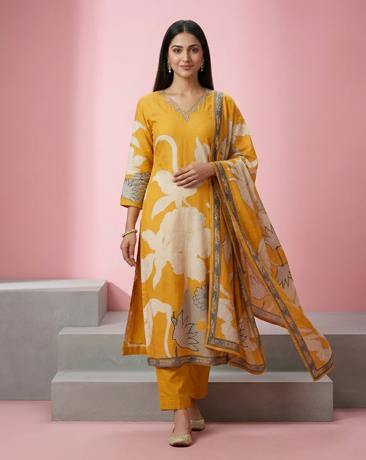 Mustard White Bold Floral V-Neck Straight Kurta Set