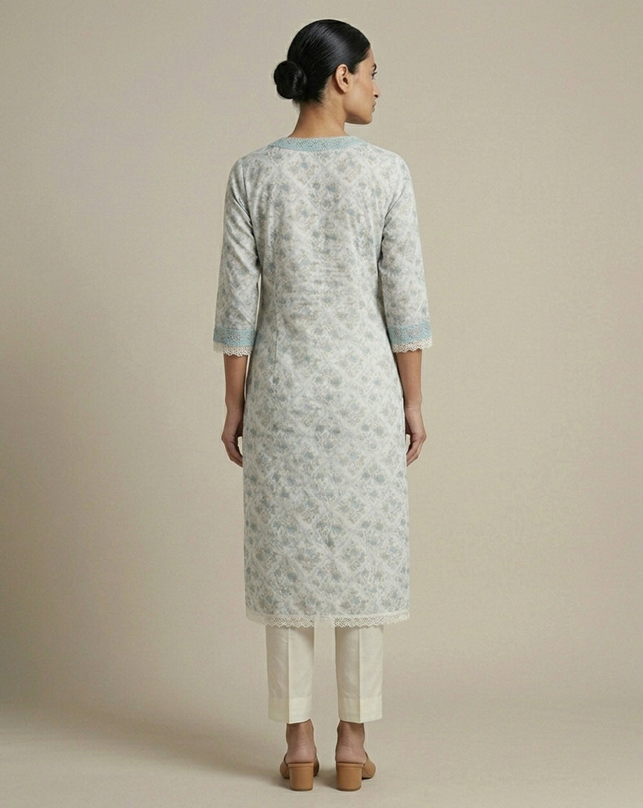 Ice Blue Floral Geometric Straight Kurti with Lace Trim