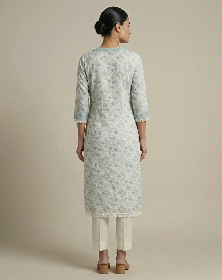 Ice Blue Floral Geometric Straight Kurti with Lace Trim