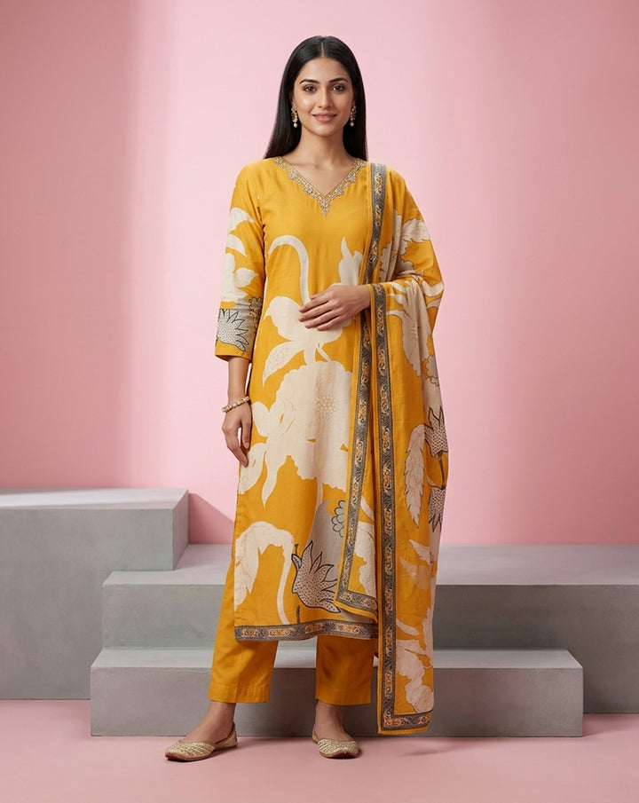 Mustard White Bold Floral V-Neck Straight Kurta Set