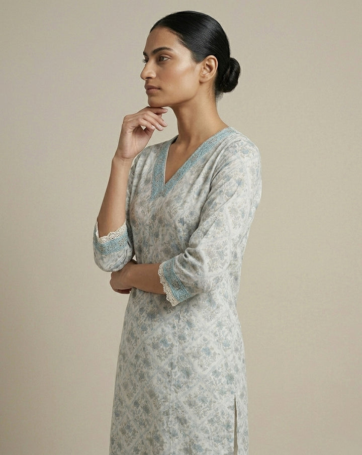 Ice Blue Floral Geometric Straight Kurti with Lace Trim