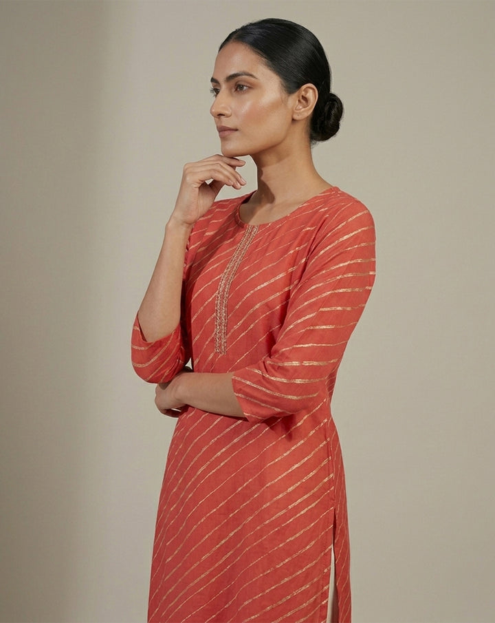 Red "Crimson" Leheriya Striped Cotton Straight Kurta