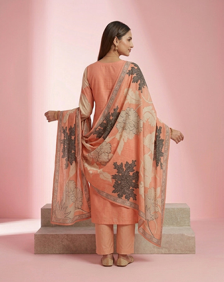 Peach White Bold Floral V-Neck Straight Kurta Set