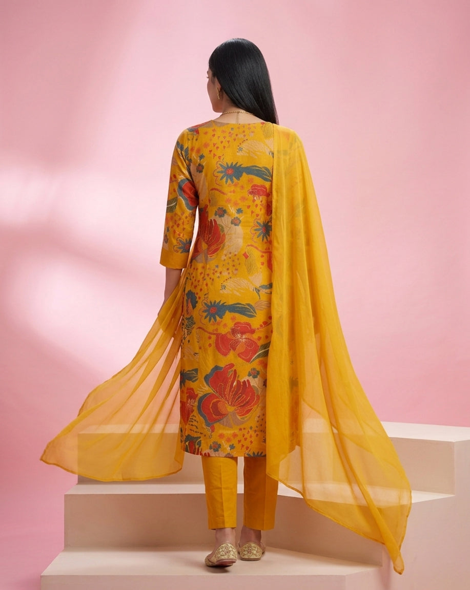 Mustard Yellow "Sunlit Bloom" Printed Chanderi Kurta Set with Dupatta