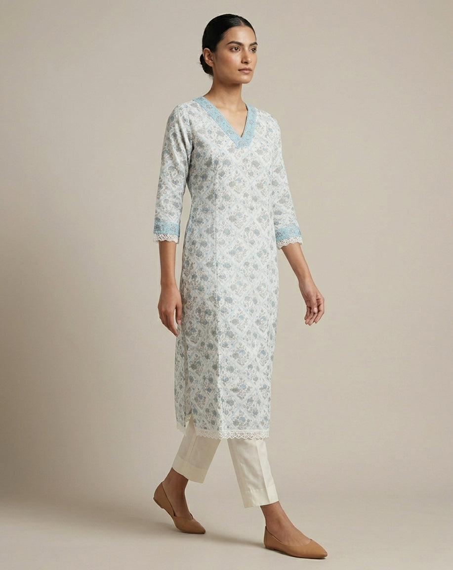 Ice Blue Floral Geometric Straight Kurti with Lace Trim