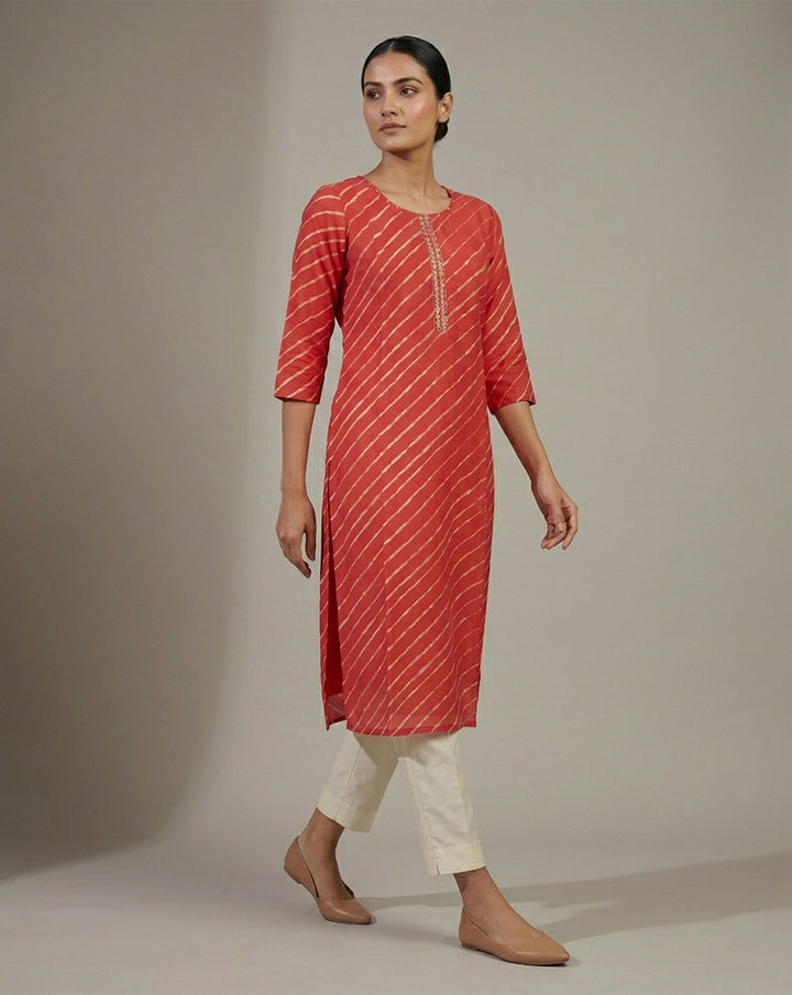 Red "Crimson" Leheriya Striped Cotton Straight Kurta
