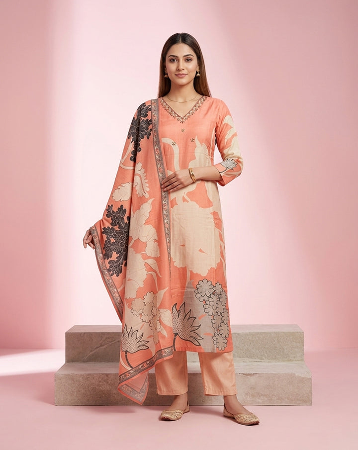 Peach White Bold Floral V-Neck Straight Kurta Set