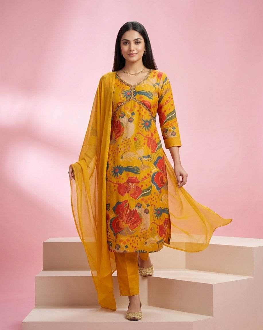 Mustard Yellow "Sunlit Bloom" Printed Chanderi Kurta Set with Dupatta