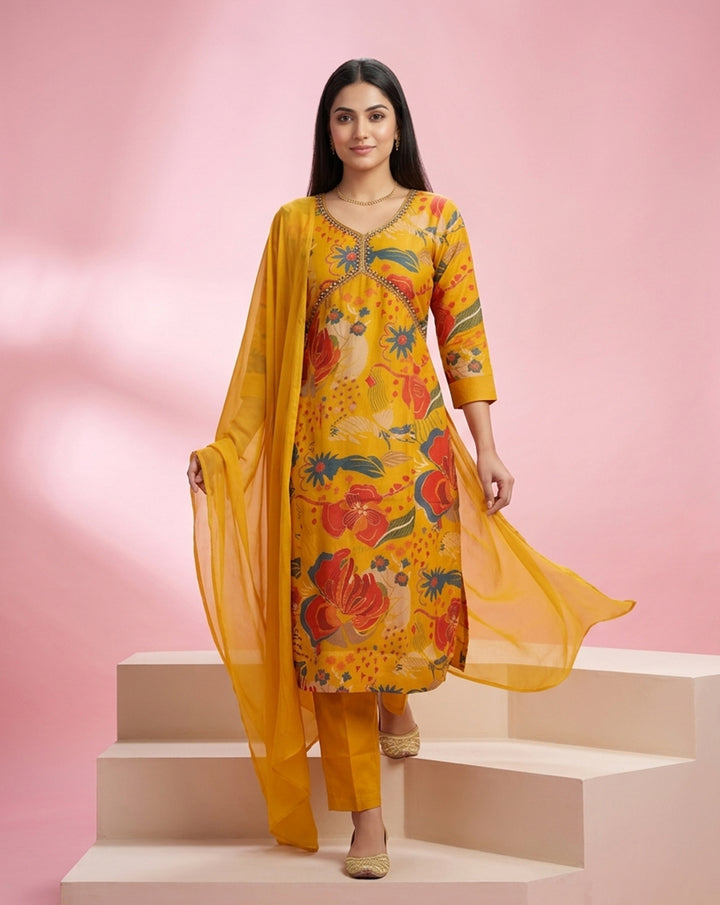 Mustard Yellow "Sunlit Bloom" Printed Chanderi Kurta Set with Dupatta