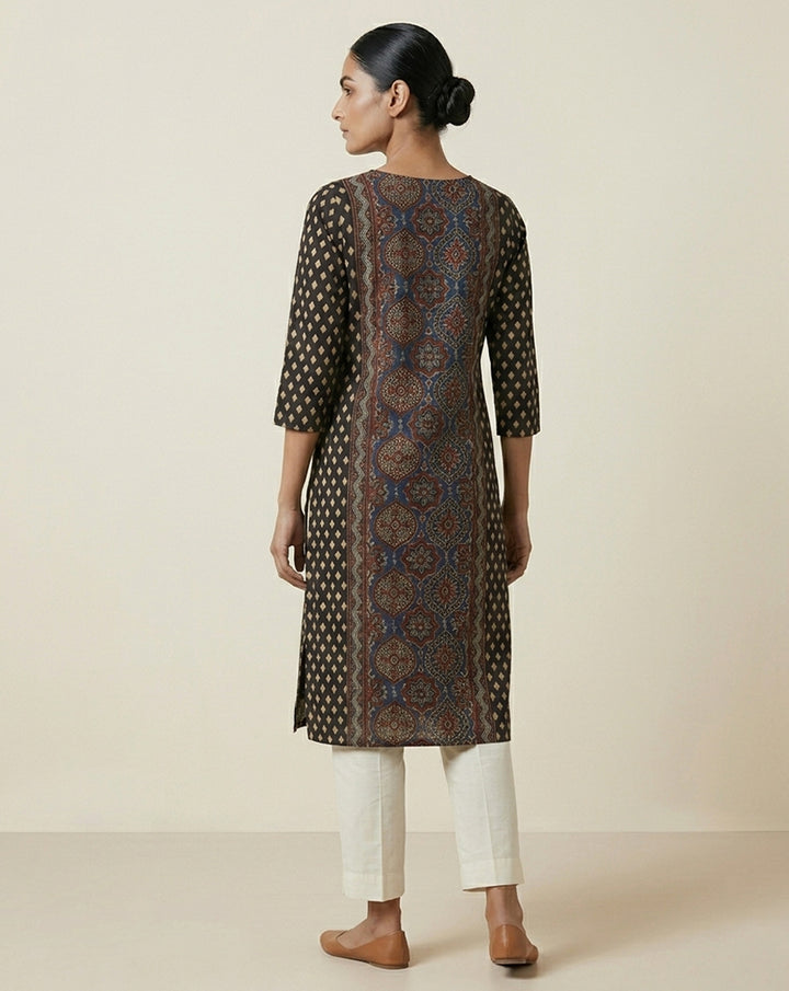 Black &amp; Indigo Ajrakh Print Panel Straight Kurti