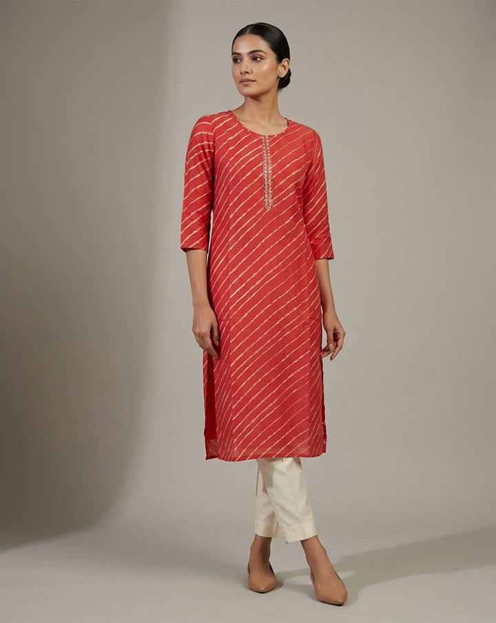 Red "Crimson" Leheriya Striped Cotton Straight Kurta