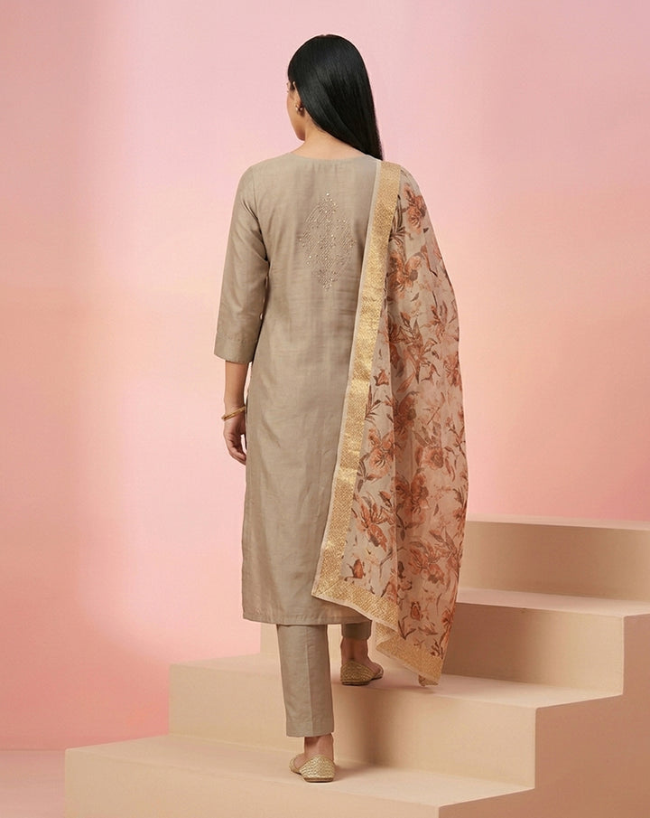 Beige Mirror Embroidered Straight Kurta Set