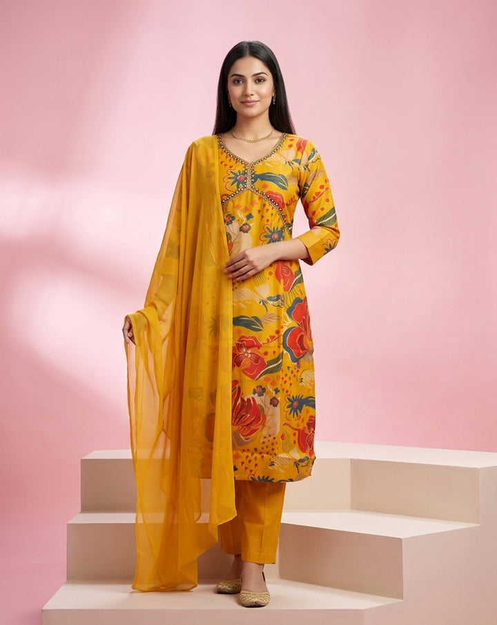 Mustard Yellow "Sunlit Bloom" Printed Chanderi Kurta Set with Dupatta