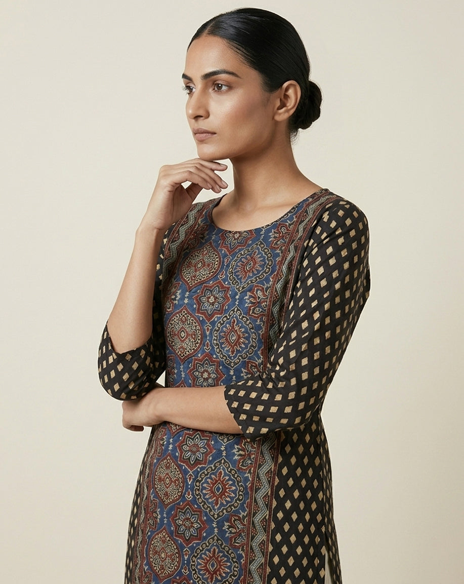 Black &amp; Indigo Ajrakh Print Panel Straight Kurti