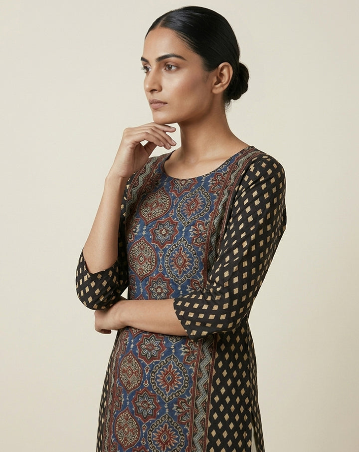 Black &amp; Indigo Ajrakh Print Panel Straight Kurti