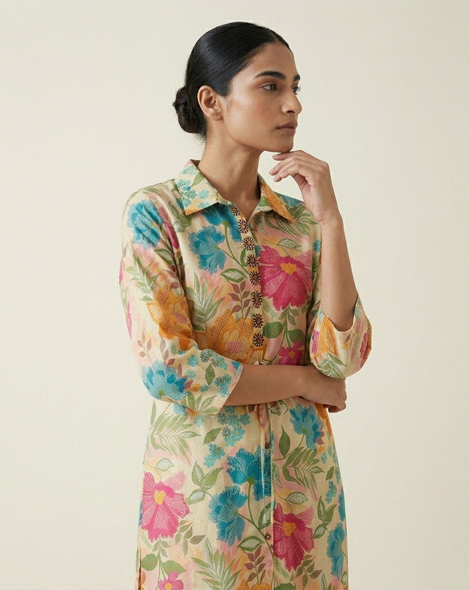 Beige "Radiant" Floral Print Cotton Shirt-Style Kurta