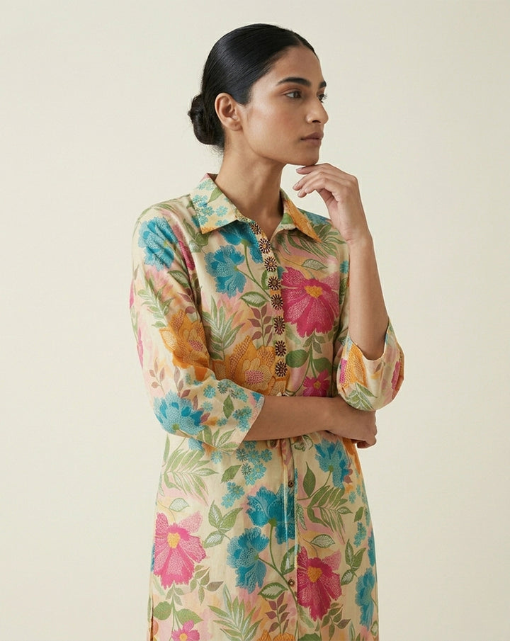 Beige "Radiant" Floral Print Cotton Shirt-Style Kurta
