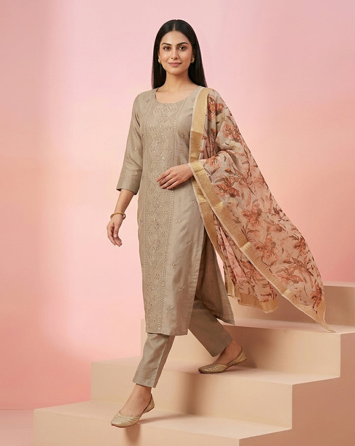 Beige Mirror Embroidered Straight Kurta Set