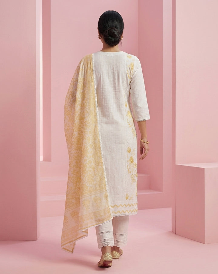 Off-White &amp; Yellow "Golden Aura" Printed &amp; Embroidered Cotton Kurta Set with Dupatta