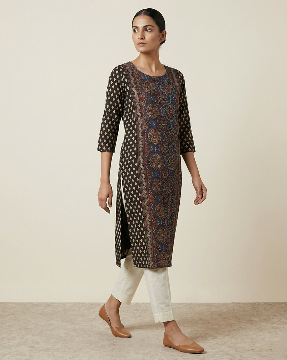 Black &amp; Indigo Ajrakh Print Panel Straight Kurti