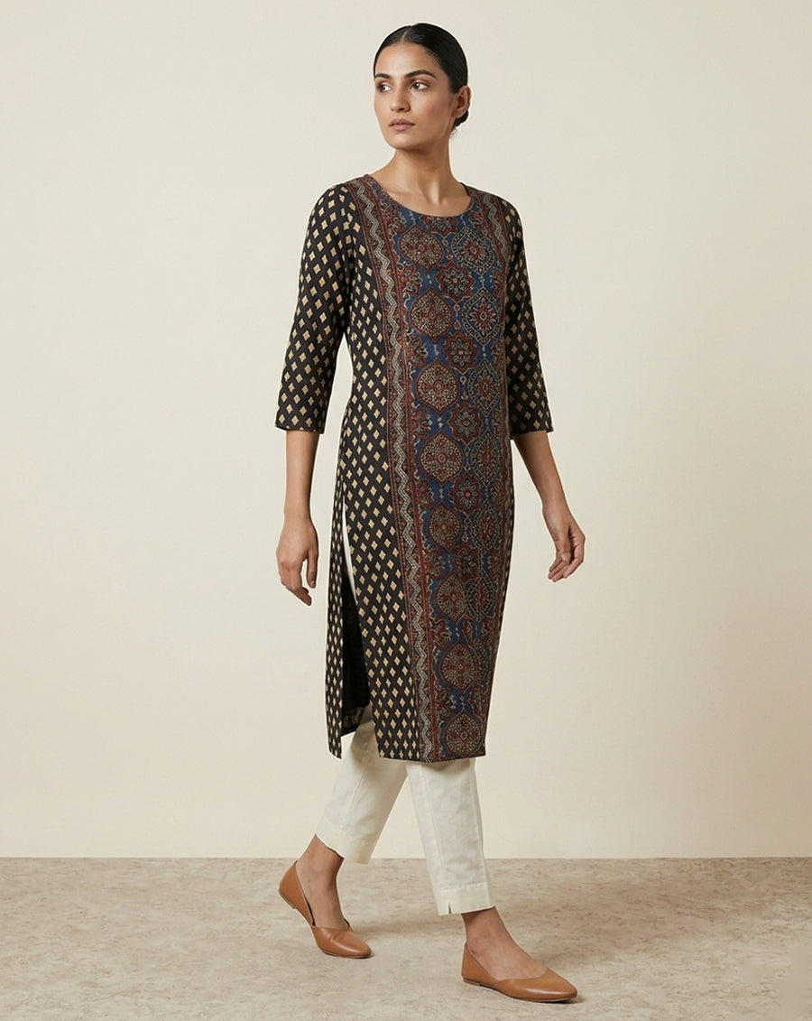 Black & Indigo Ajrakh Print Panel Straight Kurti