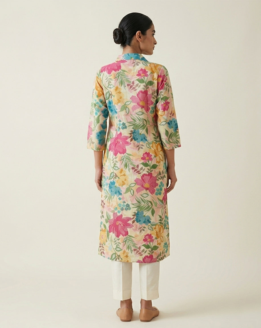 Beige "Radiant" Floral Print Cotton Shirt-Style Kurta