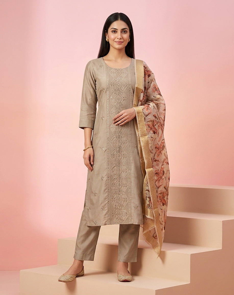 Beige Mirror Embroidered Straight Kurta Set