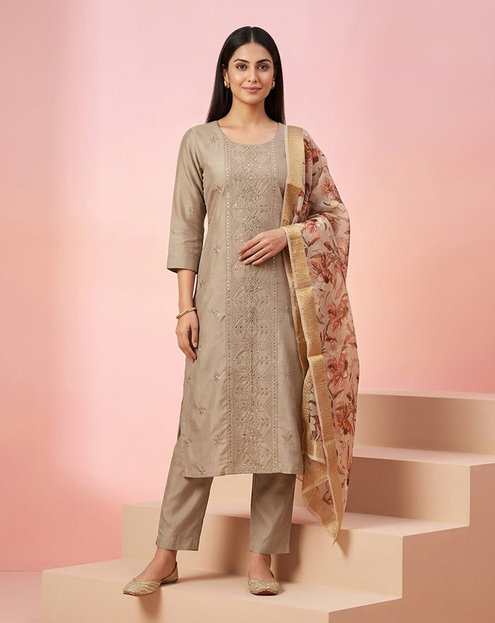 Beige Mirror Embroidered Straight Kurta Set