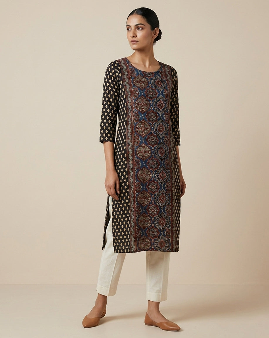 Black &amp; Indigo Ajrakh Print Panel Straight Kurti