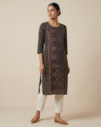 Black & Indigo Ajrakh Print Panel Straight Kurti 2