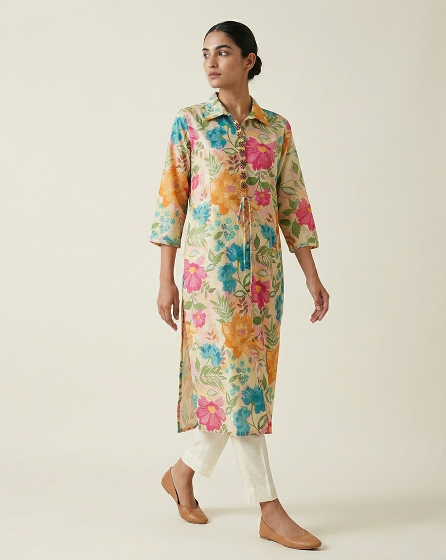 Beige "Radiant" Floral Print Cotton Shirt-Style Kurta