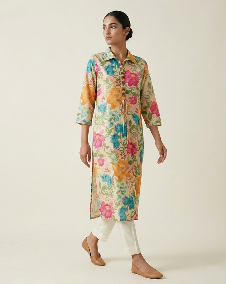 Beige "Radiant" Floral Print Cotton Shirt-Style Kurta