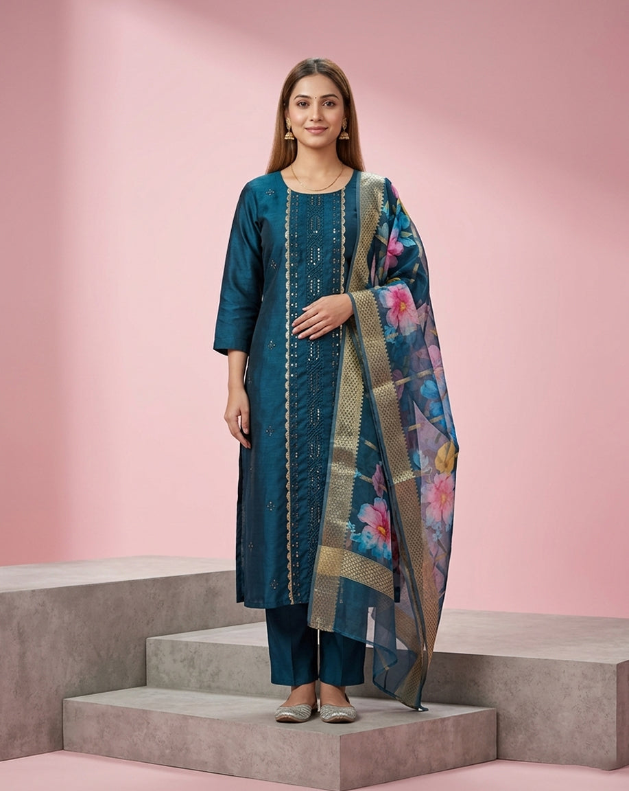 Teal Mirror Sequin Embroidered Straight Kurta Set
