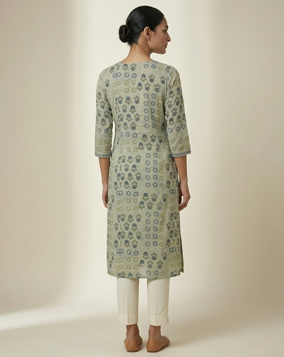 Sage Green Indigo Floral Block Print Straight Kurti