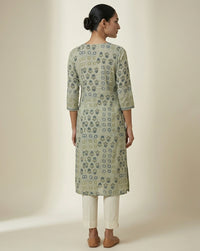 Sage Green Indigo Floral Block Print Straight Kurti 2