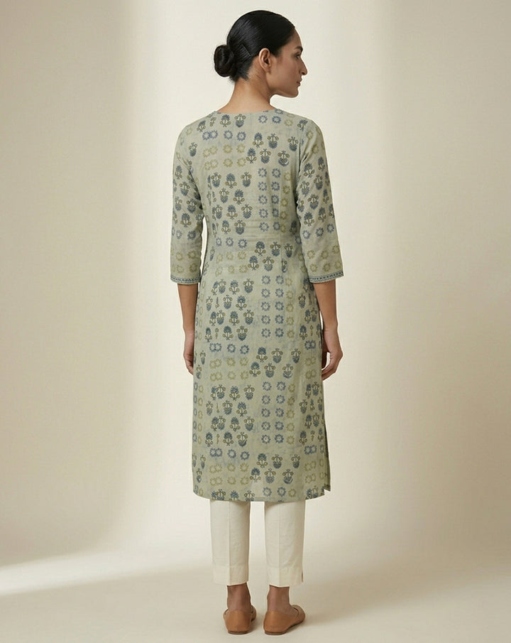 Sage Green Indigo Floral Block Print Straight Kurti