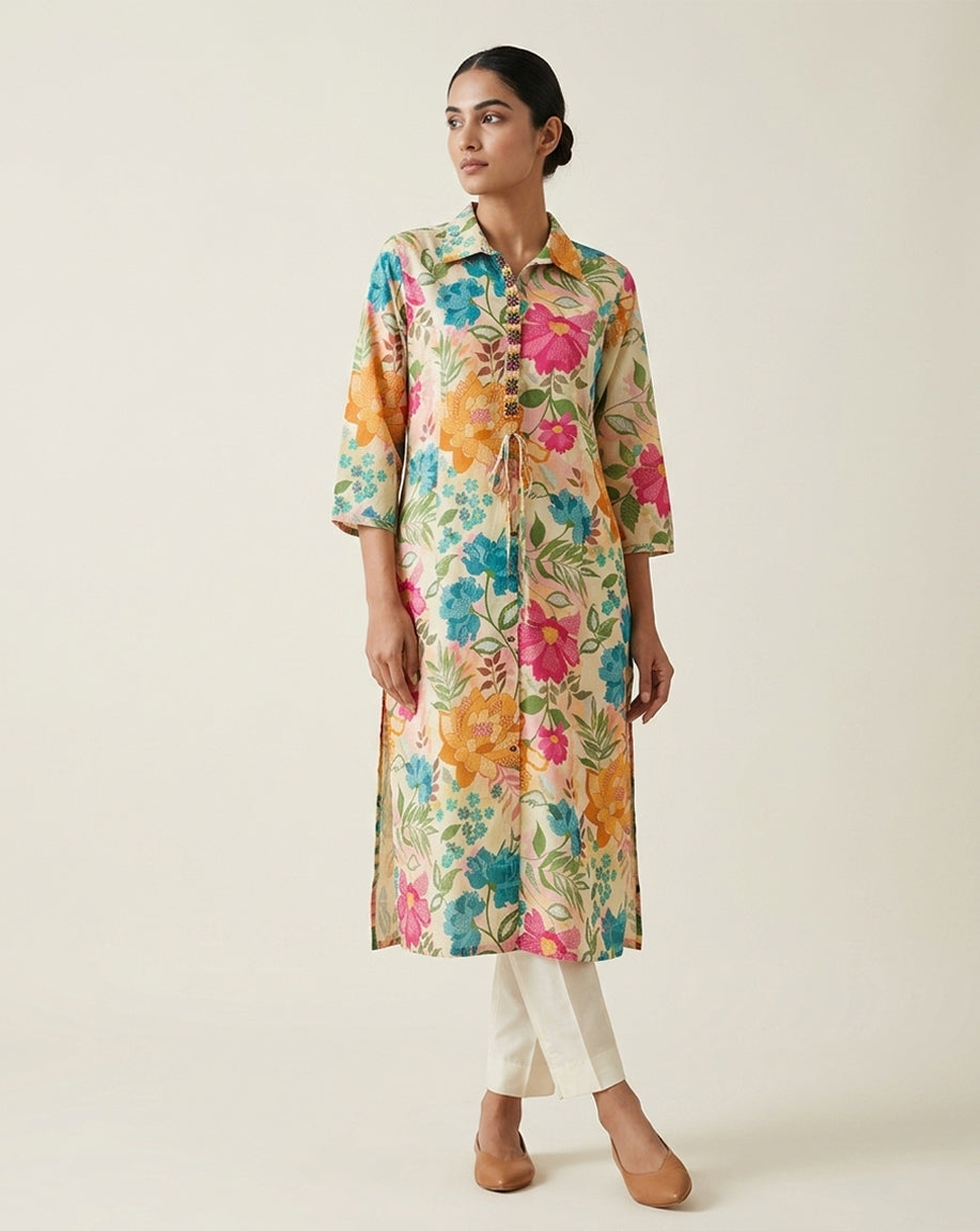 Beige "Radiant" Floral Print Cotton Shirt-Style Kurta