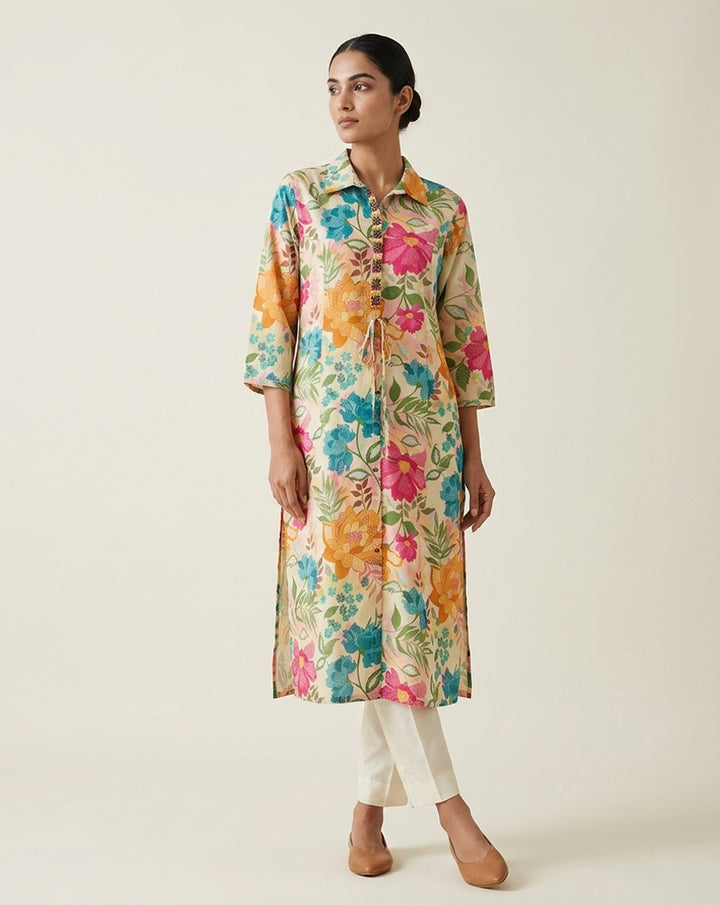Beige "Radiant" Floral Print Cotton Shirt-Style Kurta
