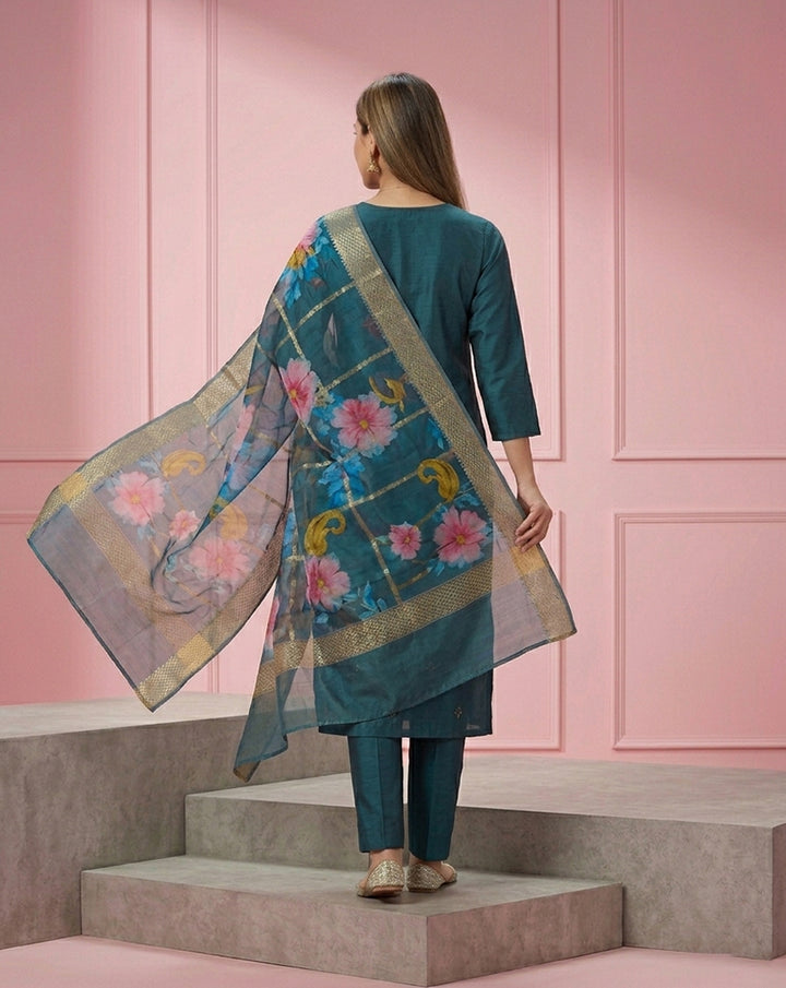 Teal Mirror Sequin Embroidered Straight Kurta Set