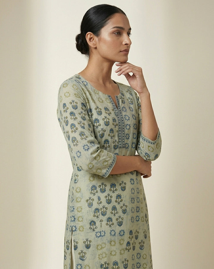 Sage Green Indigo Floral Block Print Straight Kurti