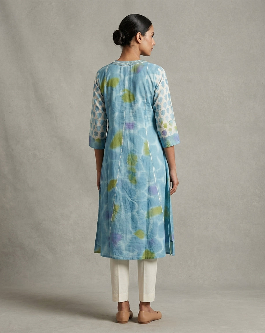 Blue "Azure" Water-Ripple Print Cotton Tiered Midi Dress