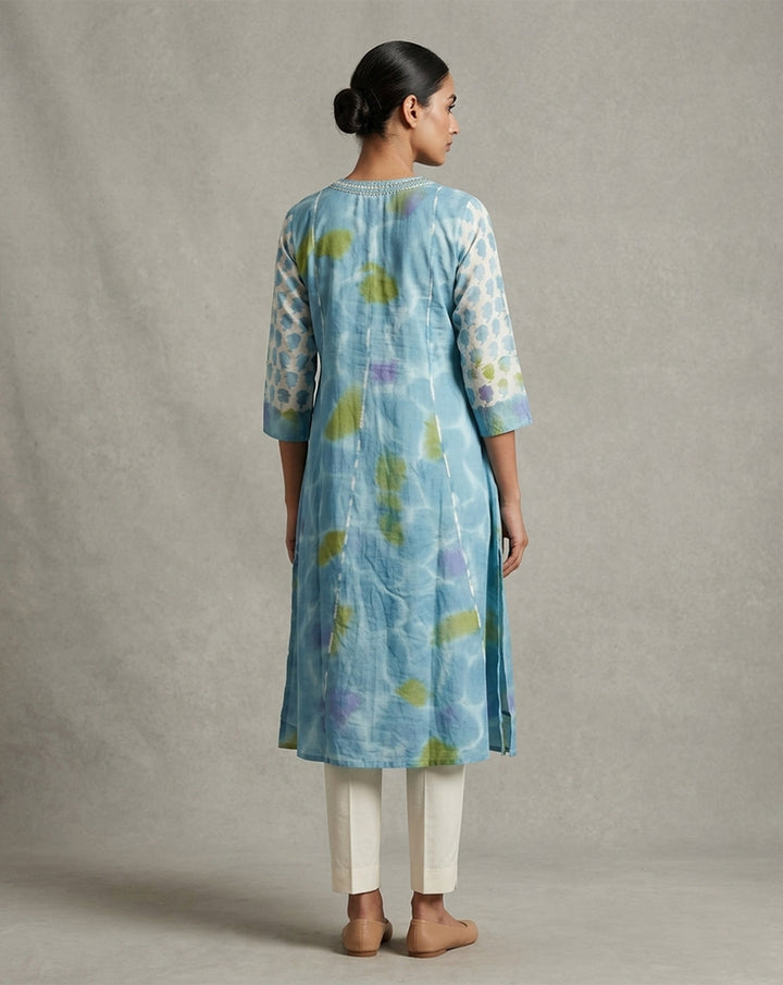 Blue "Azure" Water-Ripple Print Cotton Tiered Midi Dress